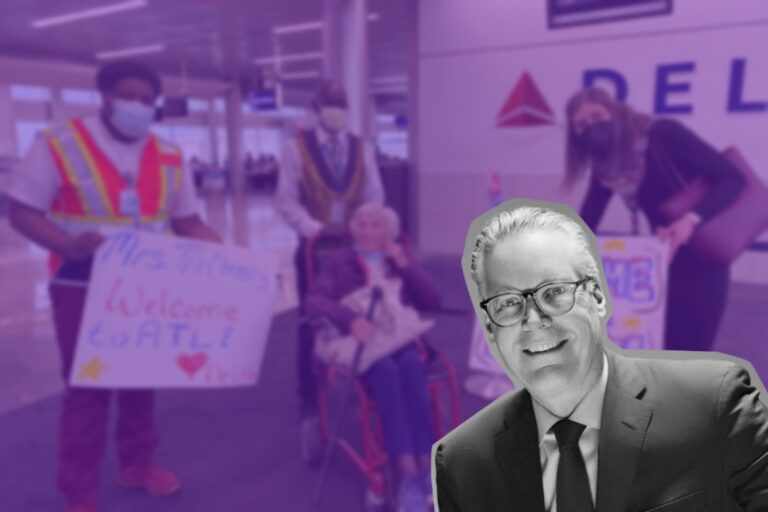Delta airlines CEO and the staff welcome a senior citizen
