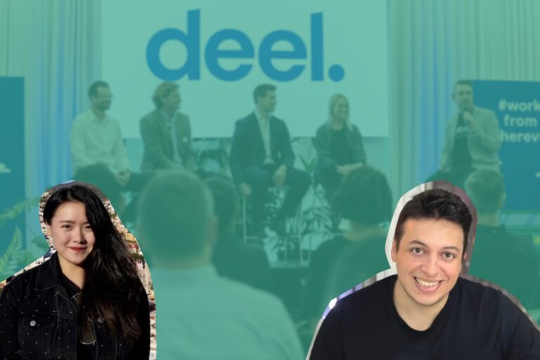 Deel co-founders interact with audience at a seminar
