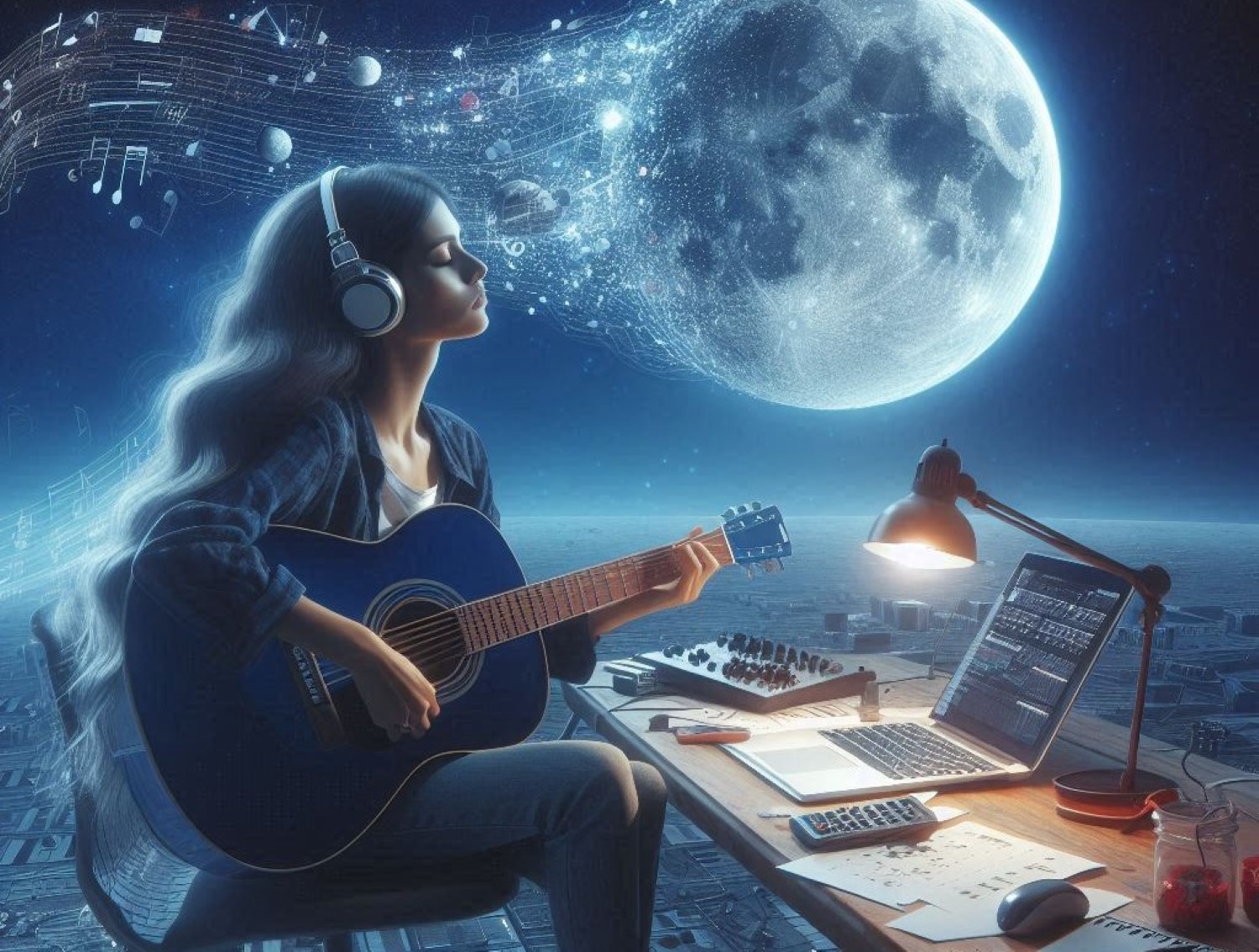 woman plays guitar during music composition