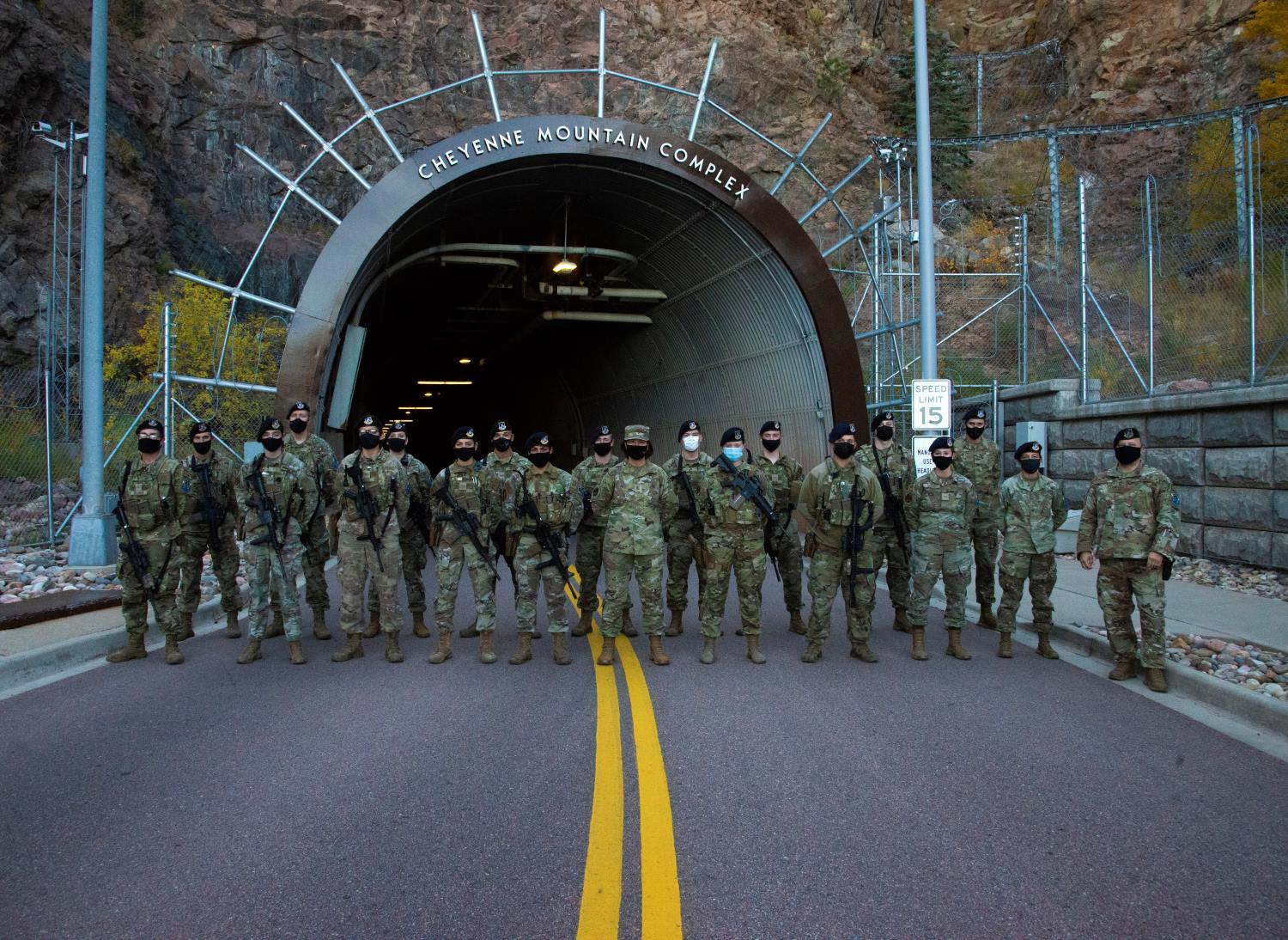 soldiers in front of Cheyenne Mountain Complex